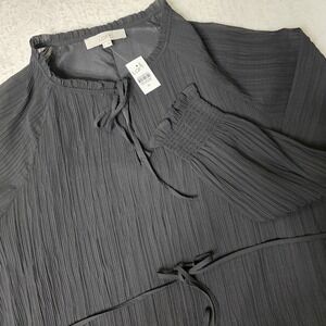 LOFT Women's XL Black Tie Neck Belted Dress Pleated Long Sheer‎ Sleeve Party